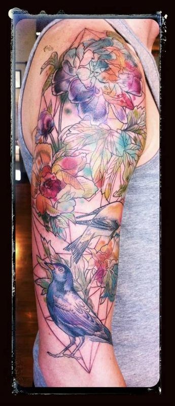 手臂美丽的七彩鸟类和花朵树叶纹身图案
