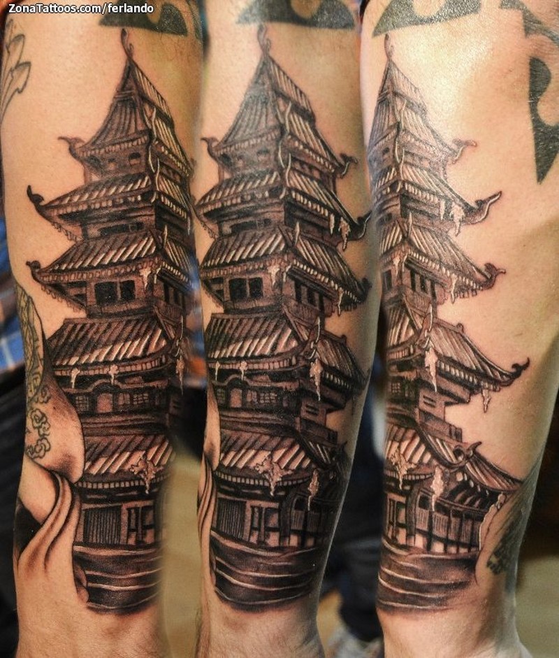 手臂古老的亚洲寺庙令人叹为观止纹身图案