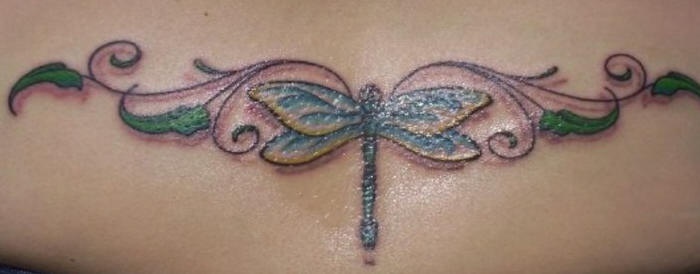 背部蜻蜓和藤蔓纹身图案