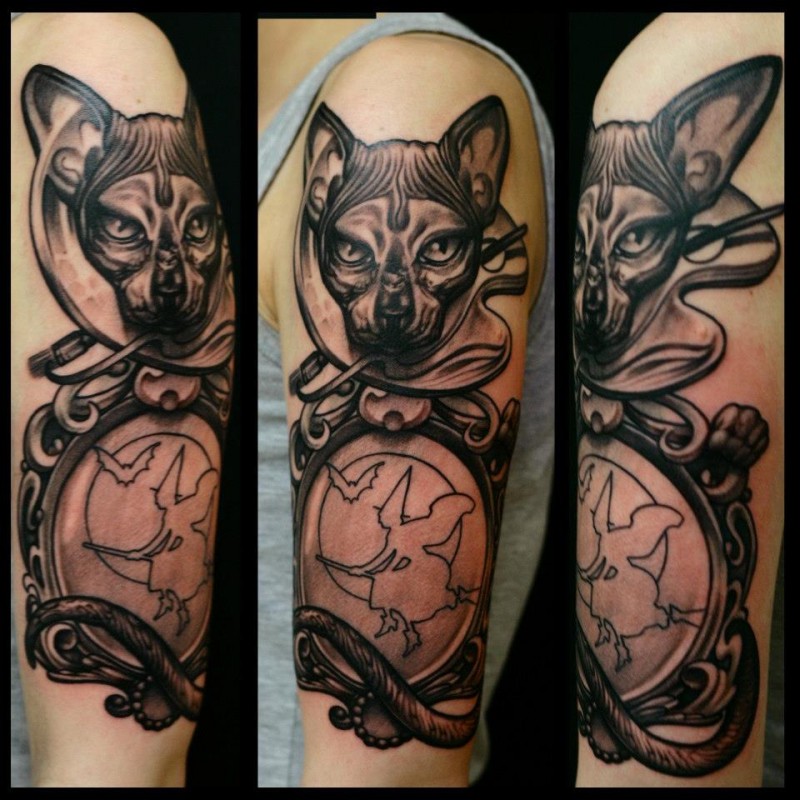 手臂黑灰风格可爱的猫与镜子纹身图案
