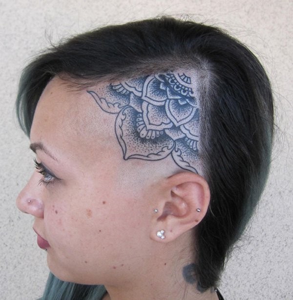 头部点刺风格黑色印度教梵花纹身图案