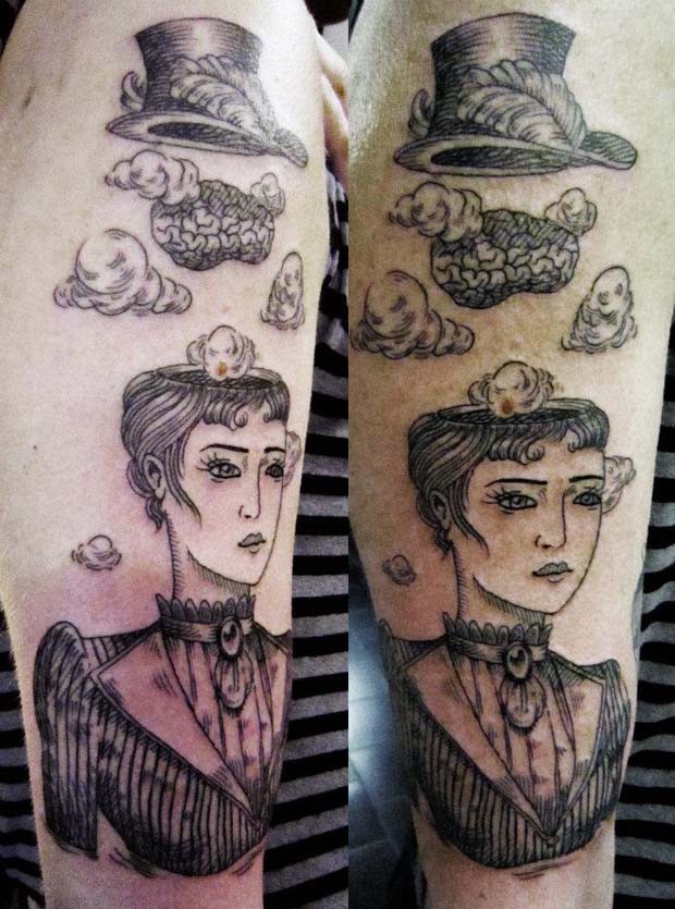 超现实主义风格黑色大脑和帽子女人纹身图案