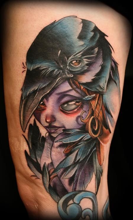 手臂美丽的卡通神秘女巫彩色纹身图案