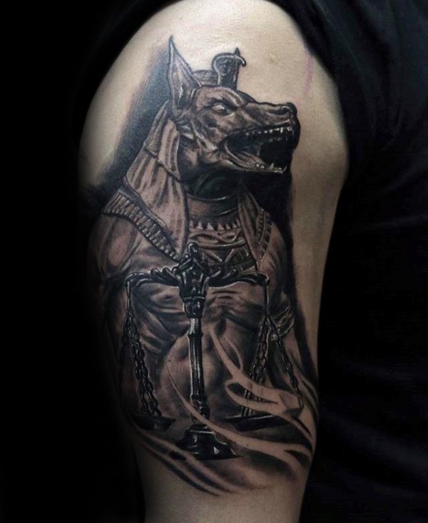 大臂黑灰风格埃及神阿努比斯纹身图案