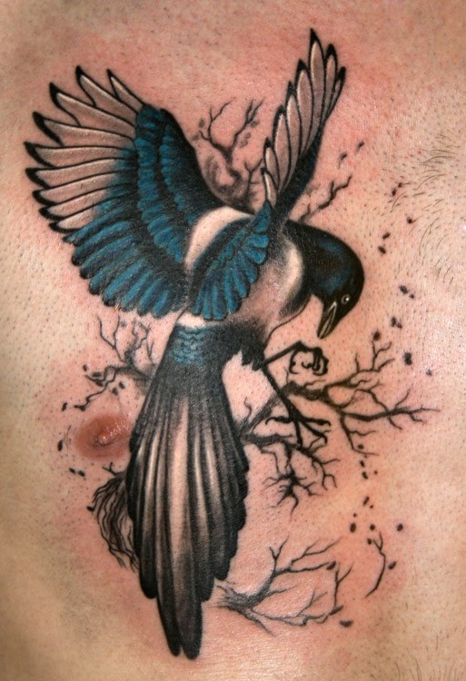 胸部逼真的树枝与美丽小鸟纹身图案
