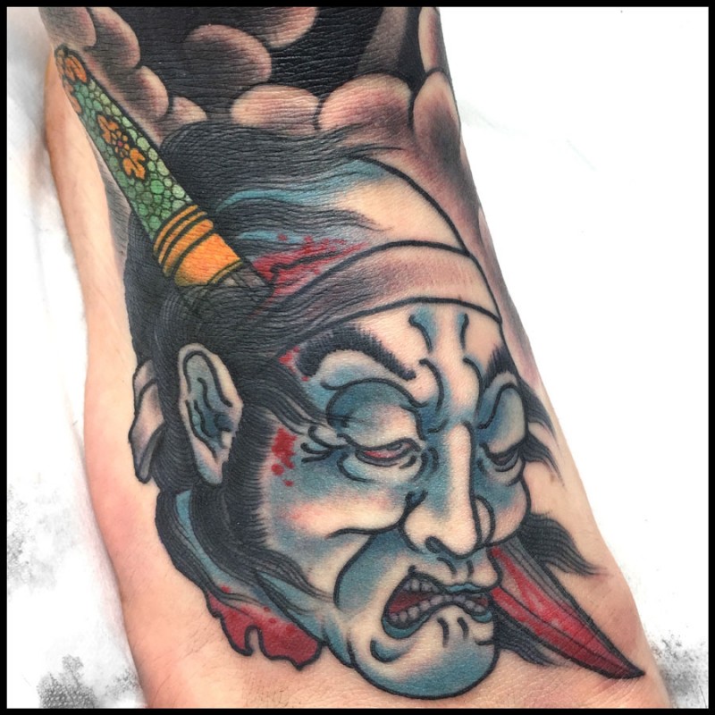 脚背亚洲传统日式生首彩绘纹身图案