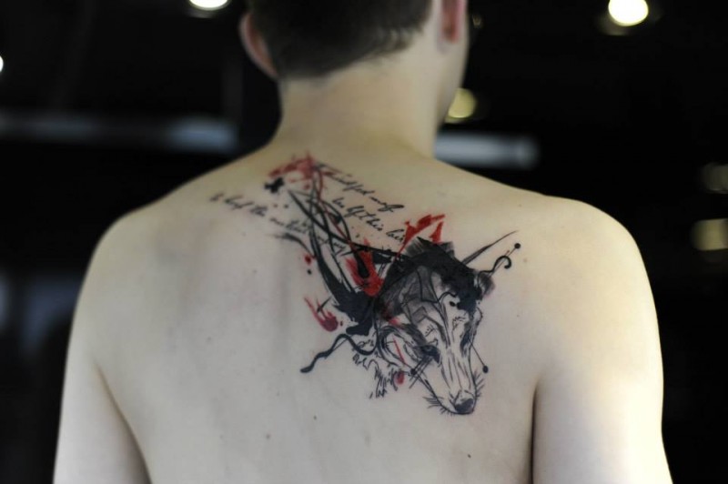 背部现代风格彩色的狼头泼墨纹身图案
