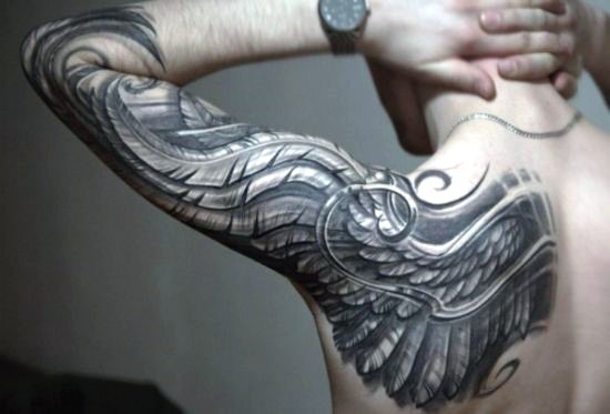 背部和手臂黑白羽毛翅膀纹身图案