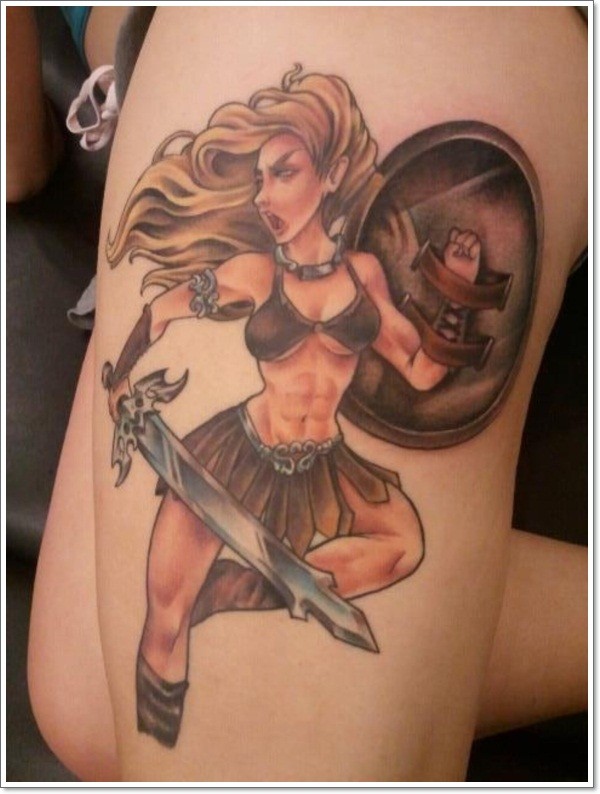 大腿性感的彩绘女战士纹身图案