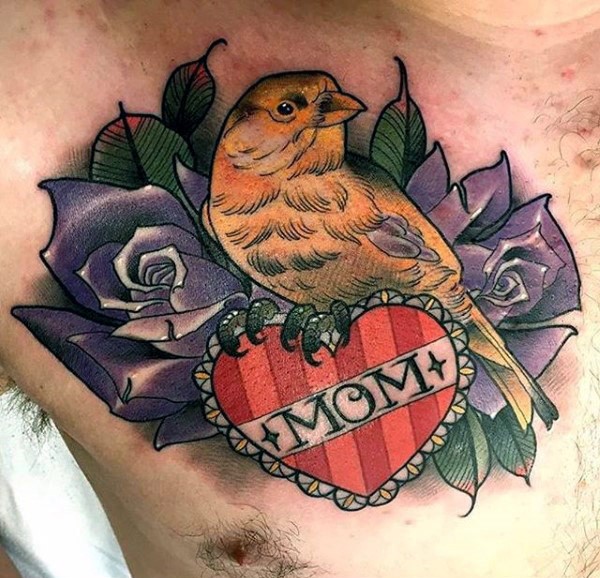 new school胸部彩色小鸟与玫瑰和心形纹身图案