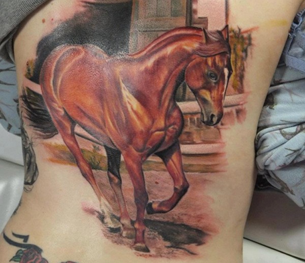 背部逼真的彩绘马纹身图案