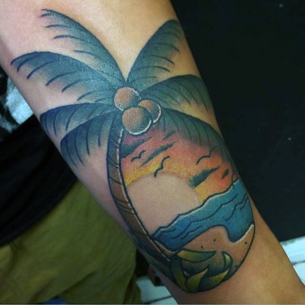 手臂old school彩色棕榈树与夕阳纹身图案