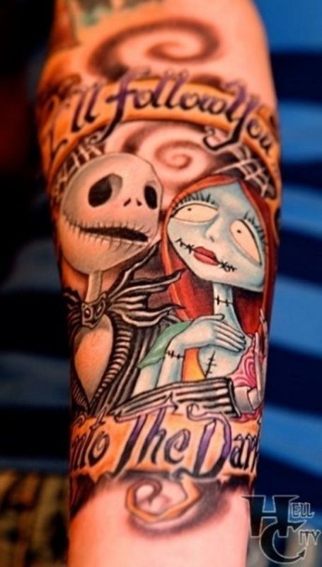 手臂有趣的僵尸新娘卡通纹身图案