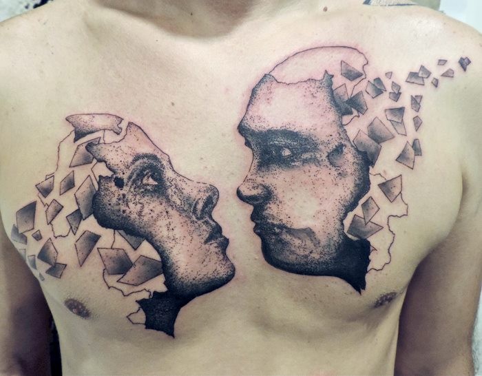 胸部超现实主义风格黑色男人和女人肖像纹身图案