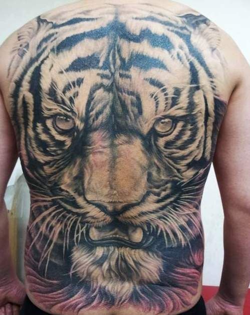 背部可爱的老虎头部白色纹身图案