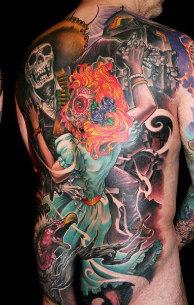墨西哥本土传统彩色骷髅女郎满背纹身图案