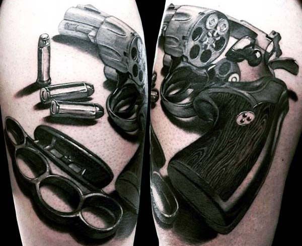 惊人的写实手枪与子弹手臂纹身图案
