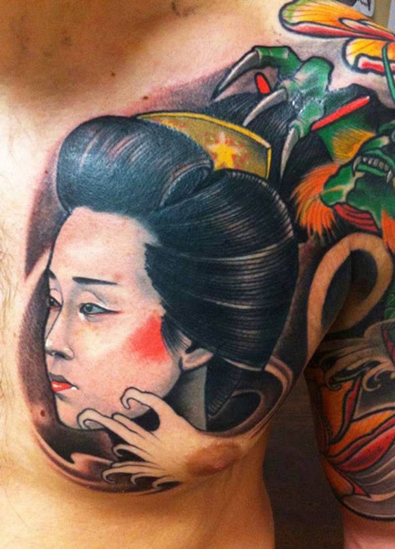 可爱的彩色亚洲艺妓画像胸部纹身图案