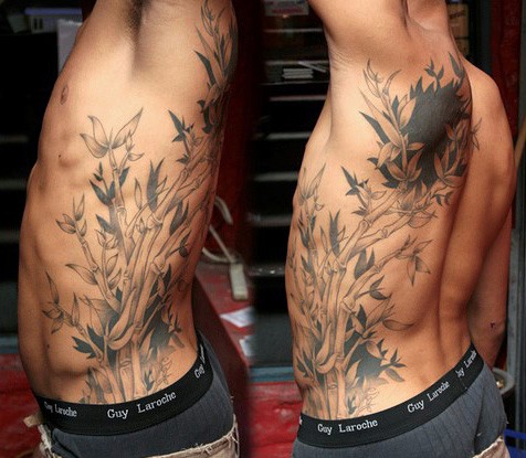 侧肋可爱的写实风格竹子纹身图案