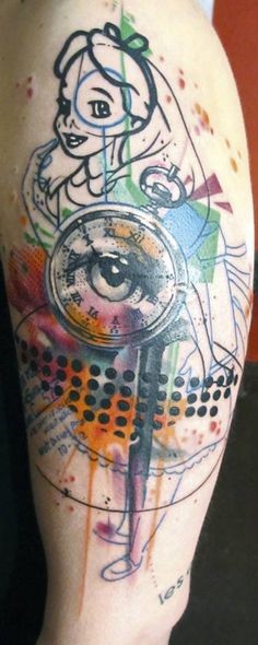 大臂五彩泼墨的神秘眼睛时钟纹身图案