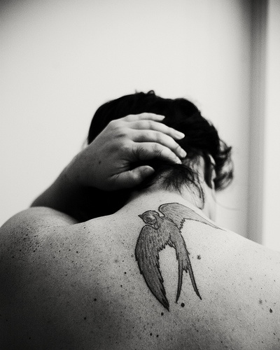 背部精致的黑白燕子纹身图案
