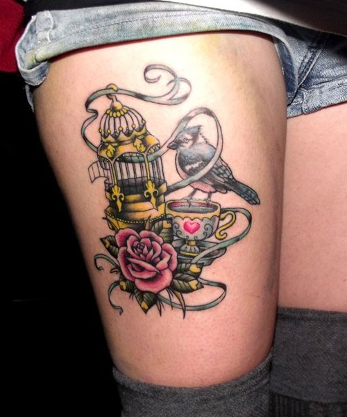 大腿彩色鸟笼玫瑰小鸟茶杯纹身图案