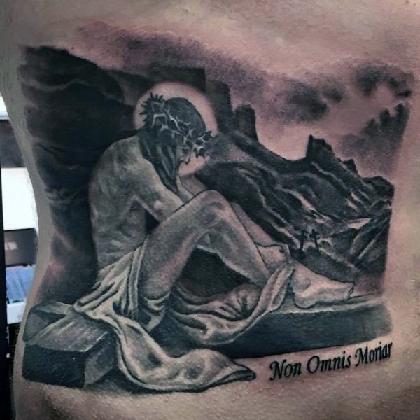背部黑灰风格耶稣和十字架纹身图案