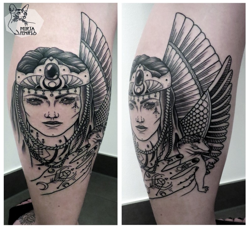 小腿梦幻风格黑色女人战士与翅膀纹身图案