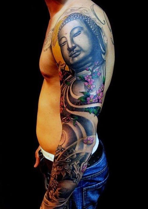 手臂宗教风格如来佛祖和粉红色的花朵纹身图案