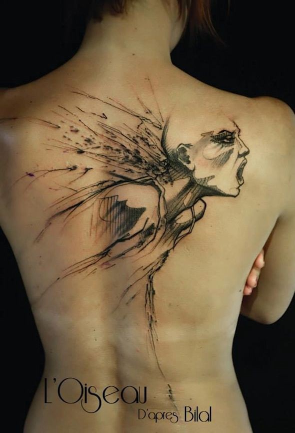 背部黑色令人毛骨悚然的尖叫女人纹身图案