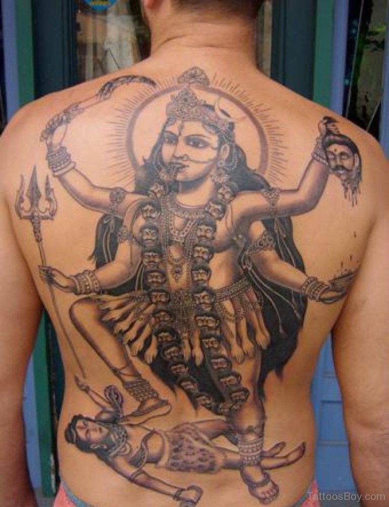 背部黑灰的印度教女神个性纹身图案