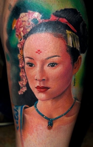 漂亮的水彩画写实艺妓肖像纹身图案