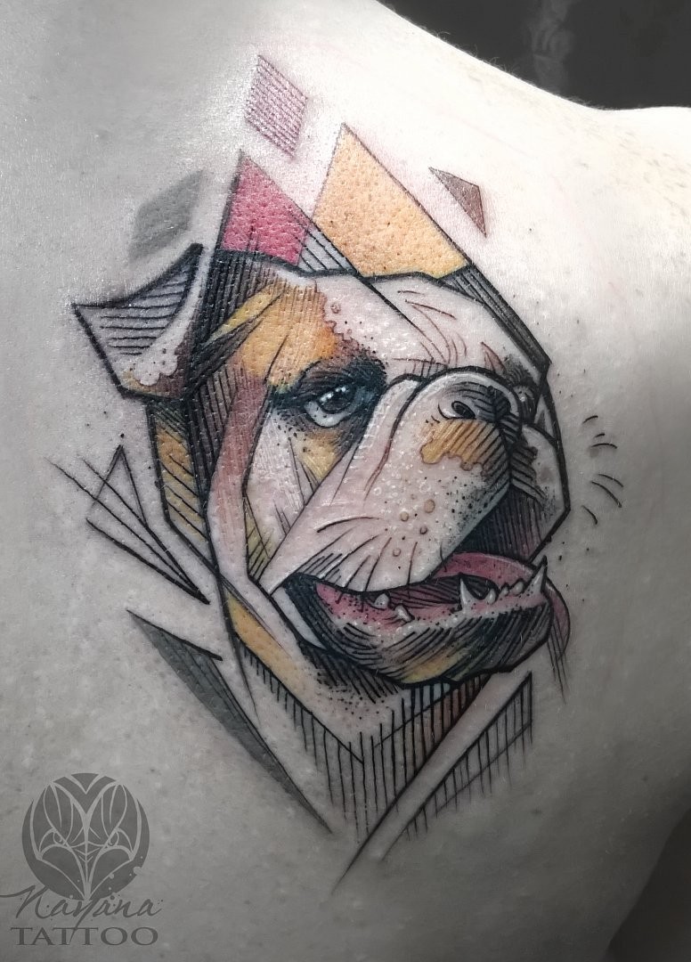 背部插画风格漂亮的狗头像纹身图案