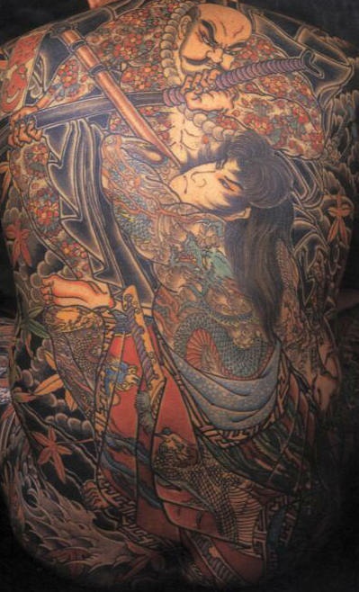 日本武士彩色满背纹身图案