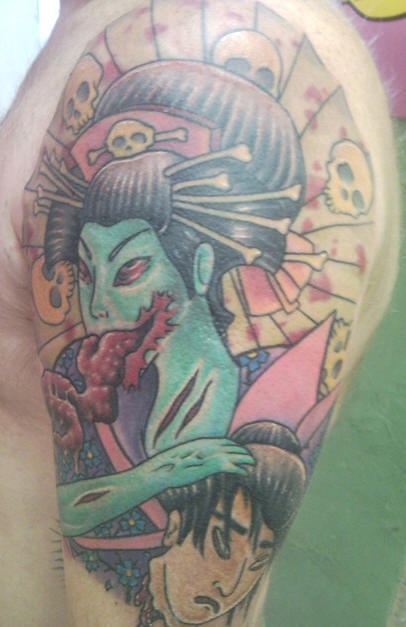 大臂亚洲的僵尸艺妓彩色纹身图案
