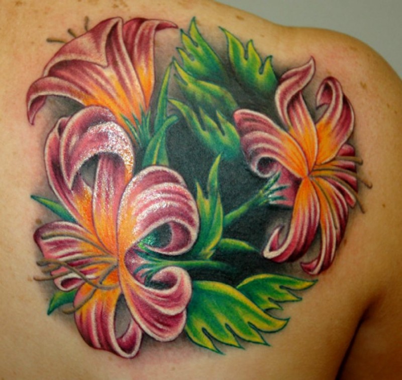 背部美丽多彩的热带花卉纹身图案