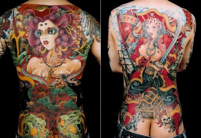 背部各种风格彩绘性感海盗女郎纹身图案