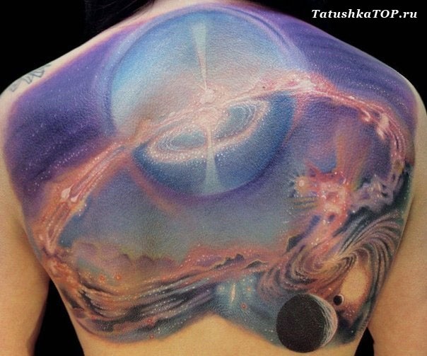 背部惊人的彩色太空各种行星纹身图案