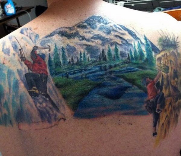 背部彩绘滑雪与登山纹身图案
