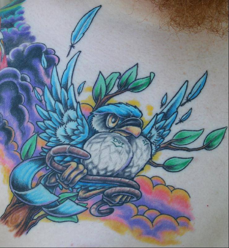 蓝色的鸟与钥匙纹身图案