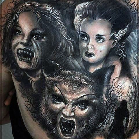 恐怖电影风格黑白各种怪物背部纹身图案