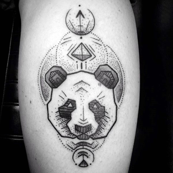 小腿点刺风格黑色的熊猫几何纹身图案