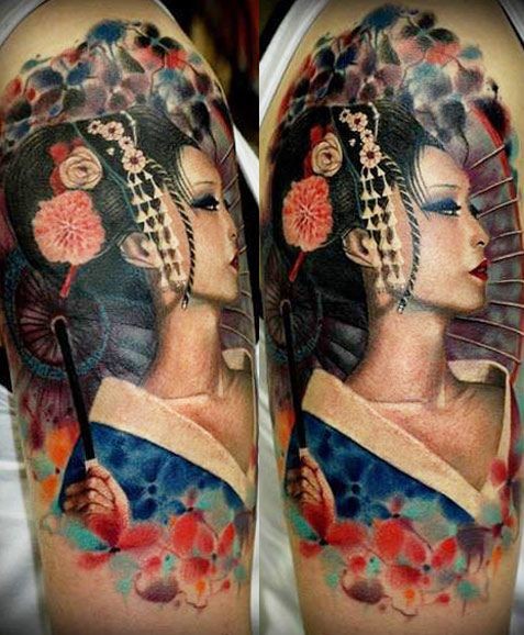 手臂非常逼真的惊人亚洲艺妓纹身图案