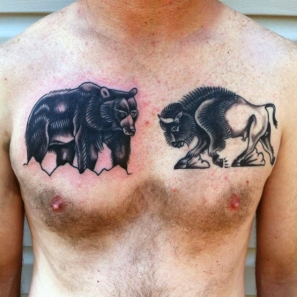 男性胸部牦牛与熊黑色纹身图案
