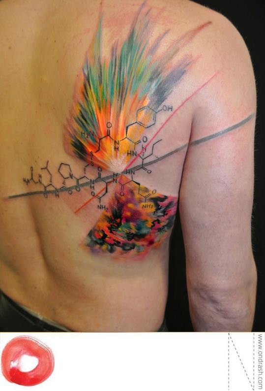 背部科学风格的大爆炸彩色纹身图案