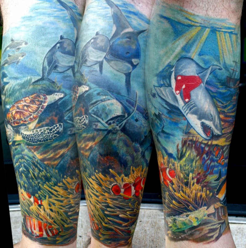 美丽的五彩水下生世界手臂纹身图案