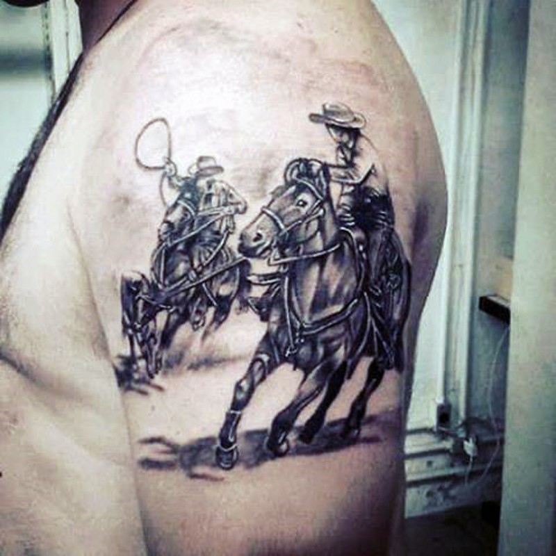 手臂黑白西部牛仔与马纹身图案