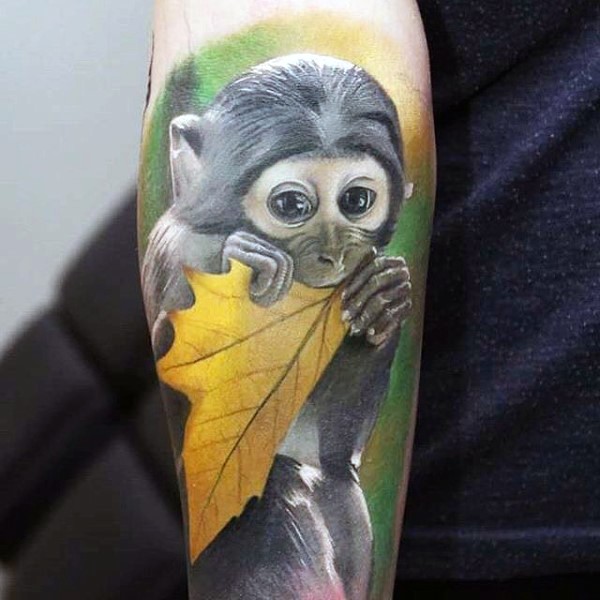 非常可爱逼真的彩色小猴子手臂纹身图案
