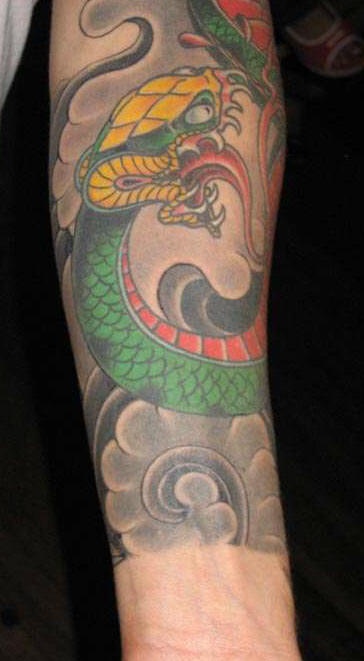 手臂亚洲风格的彩色蛇纹身图案