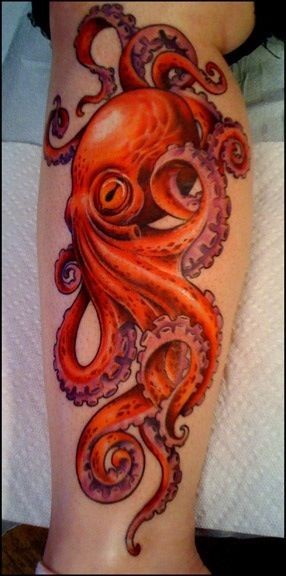 小腿美丽的写实红色章鱼纹身图案